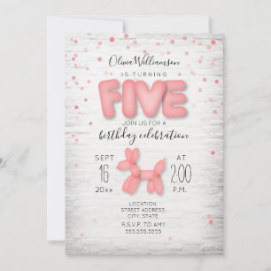 Balloon Animal Brick Confetti Pink 5th Birthday Invitation