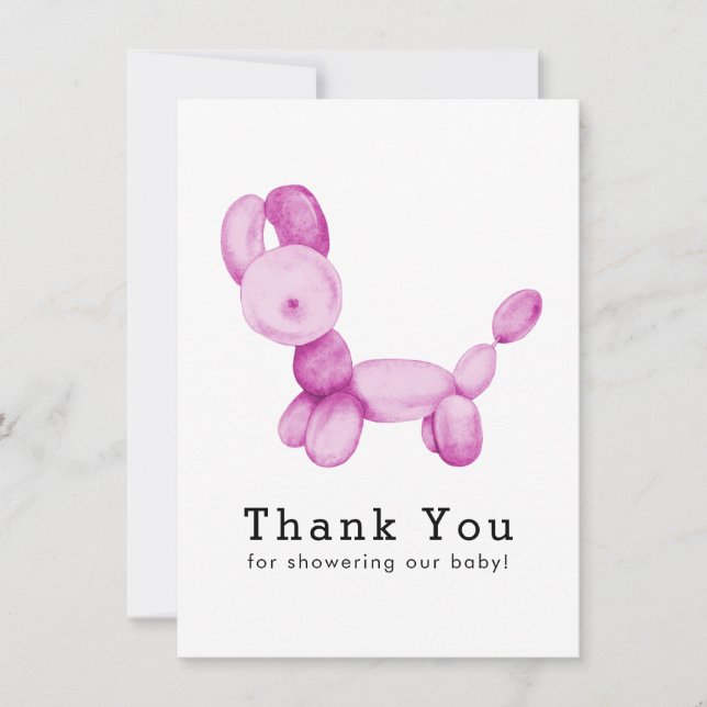 Balloon Animal, Pink, Girl, Baby Shower Thank You Card (Front)