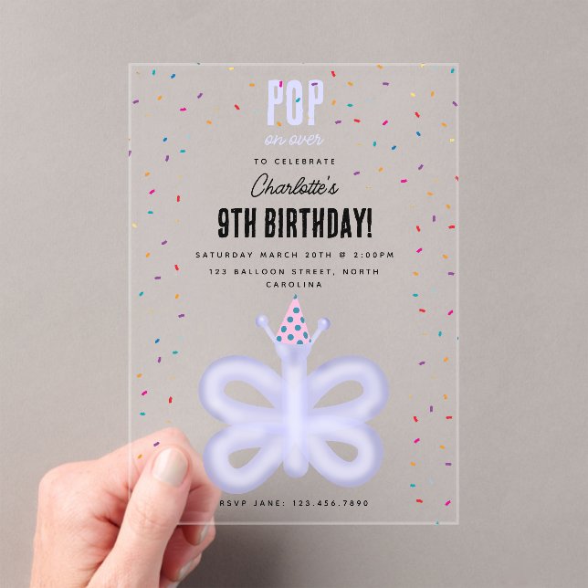 Balloon Animals Butterfly Kids Birthday Party Acrylic Invitations (Insitu (Handheld))