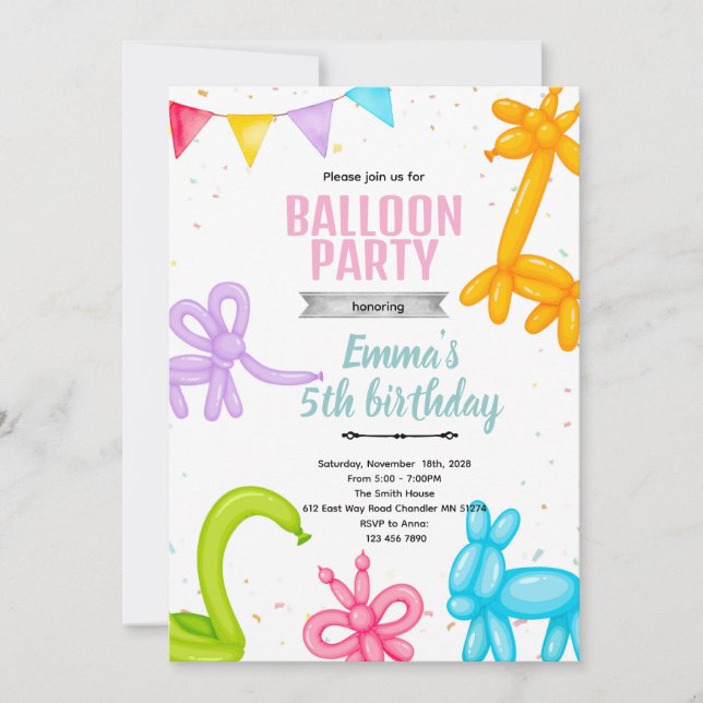 Balloon Animals party invitation (Front)