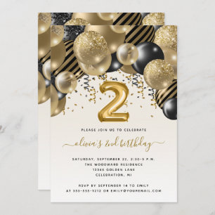 Balloon Arch Black Gold 2nd Birthday Party Invitation