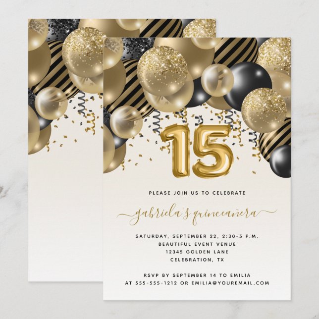 Balloon Arch Black Gold Quinceañera Invitation (Front/Back)