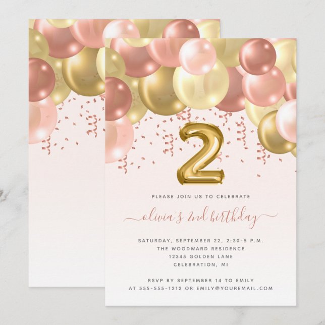 Balloon Arch Blush Gold Girls 2nd Birthday Party Invitation (Front/Back)