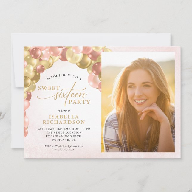 Balloon Arch Pink & Gold Photo Sweet 16 Party Invitation (Front)