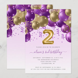 Balloon Arch Purple Gold Girls 2nd Birthday Party Invitation
