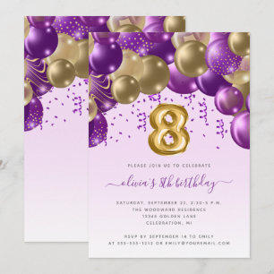 Balloon Arch Purple Gold Girls 8th Birthday Party Invitation