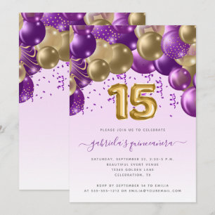 Balloon Arch Purple Gold Quinceañera Invitation