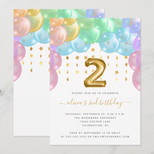 Balloon Arch Rainbow Gold Girls 2nd Birthday Party Invitation (Front/Back)