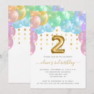 Balloon Arch Rainbow Gold Girls 2nd Birthday Party Invitation