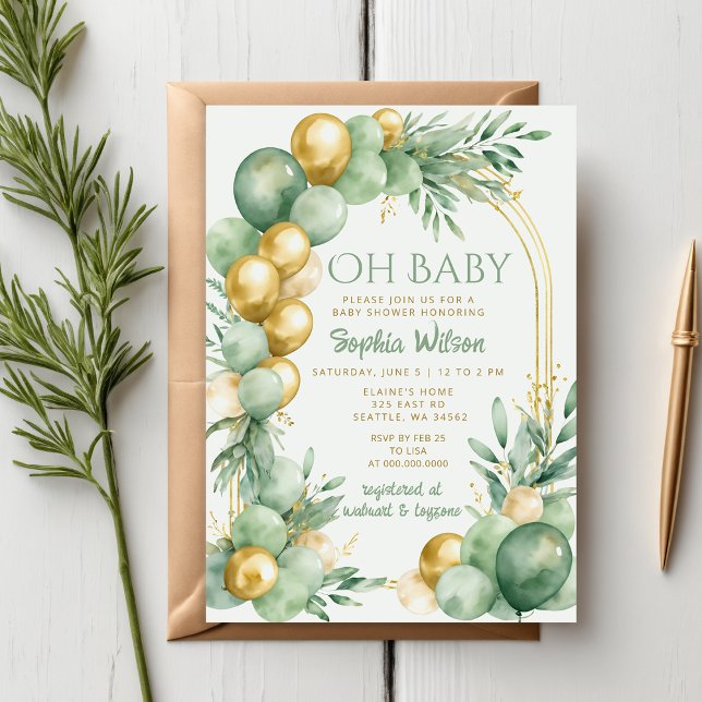 Balloon Arch Sage Gold Gender Neutral Baby Shower Invitation (Balloon Arch Sage Gold Gender Neutral Baby Shower Invitation)