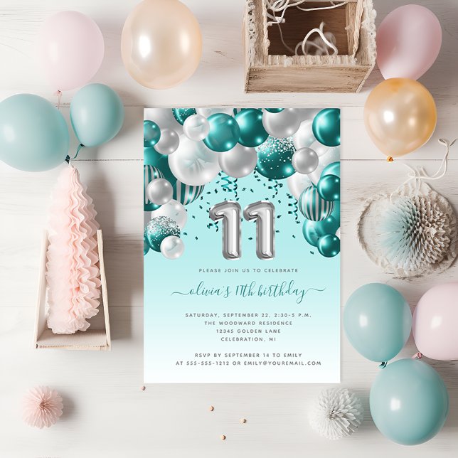 Balloon Arch Teal Silver 11th Birthday Party Postcard (Creator Uploaded)