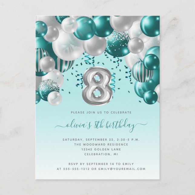 Balloon Arch Teal Silver 8th Birthday Party Postcard (Front)