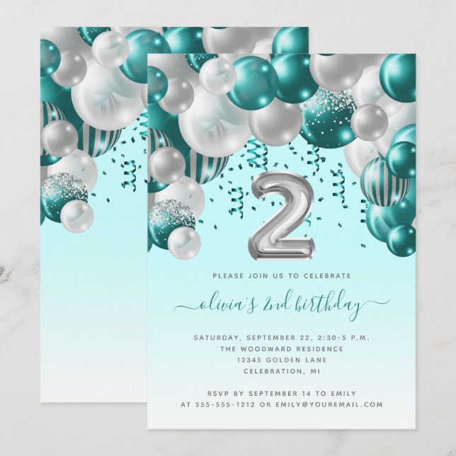 Balloon Arch Teal Silver Girls 2nd Birthday Party Invitation (Front/Back)