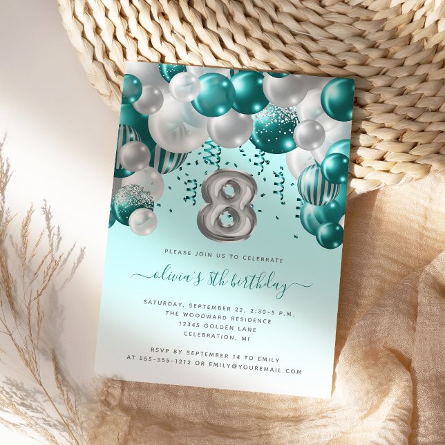 Balloon Arch Teal Silver Girls 8th Birthday Party Invitation (Creator Uploaded)