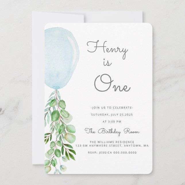 Balloon Baby Boy 1st Birthday First Eucalyptus Inv Invitation (Front)