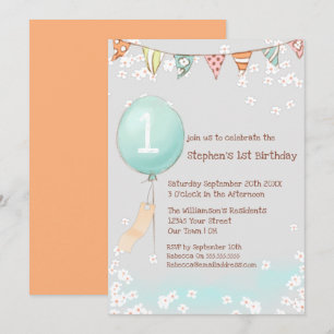 Balloon Baby Boy 1st Birthday  Invitation