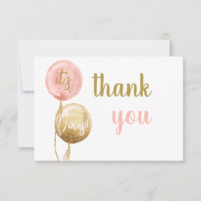 Balloon baby shower Girl twins thank you note card (Front)