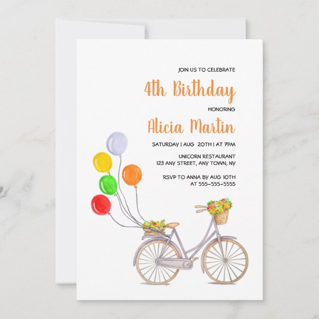 Balloon Basket Flower Bicycle Any Age Birthday Invitation (Front)