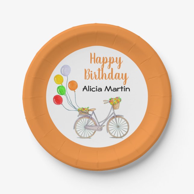 Balloon Basket Flower Bicycle Any Age Birthday Paper Plate (Front)