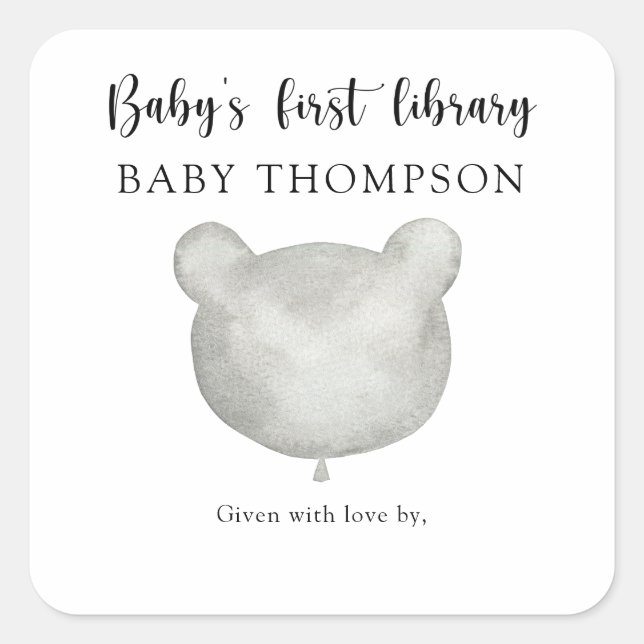 Balloon bear - baby's first library square sticker (Front)