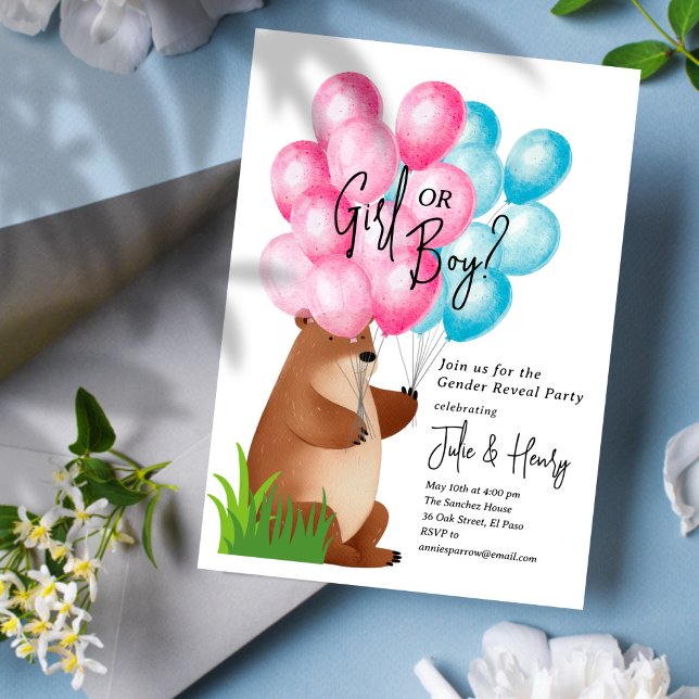 Balloon Bear Gender Reveal Party Invitation (Creator Uploaded)