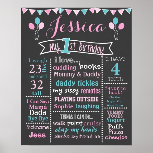 Balloon Birthday Chalkboard - Girl Poster (Front)