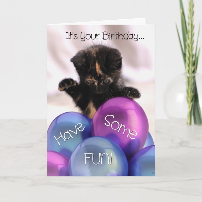 Balloon Birthday: Funny Kitten Birthday Card (Front)