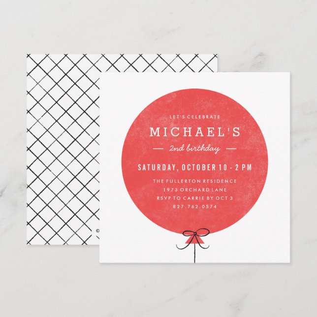 Balloon Birthday Invitation - Red (Front/Back)