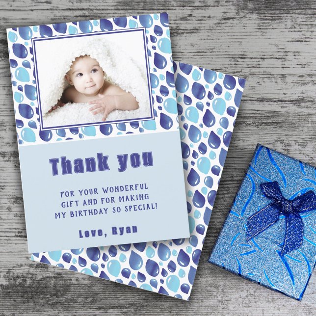 Balloon Blue Kid's Photo Birthday Thank You Card (Creator Uploaded)