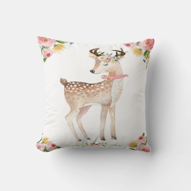 Balloon Boho Woodland Deer Nursery Floral Pillow (Front)