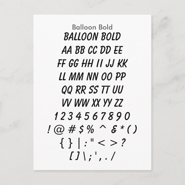 Balloon Bold - Zazzle Font Sampler Sheet Postcard (Front)
