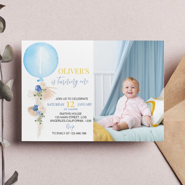 Balloon Boy Photo First Birthday Invitation (Creator Uploaded)