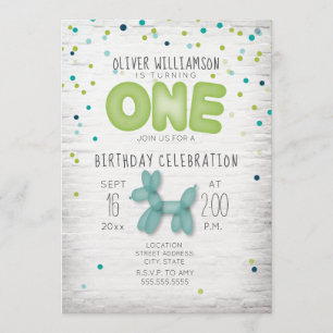Balloon Brick Confetti Blue Green 1st Birthday Invitation