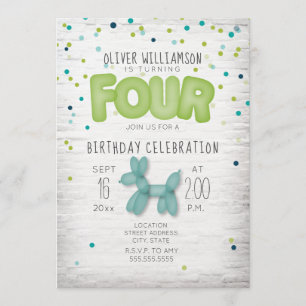 Balloon Brick Confetti Blue Green 4th Birthday Invitation