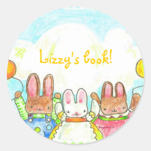 balloon bunnies bookplate classic round sticker