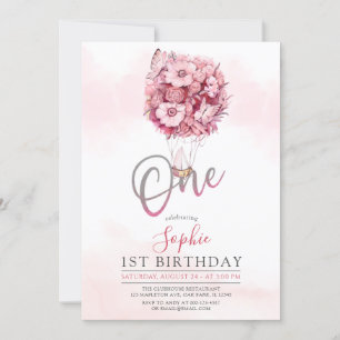 Balloon Butterfly Pink First Birthday Party Girl Invitation