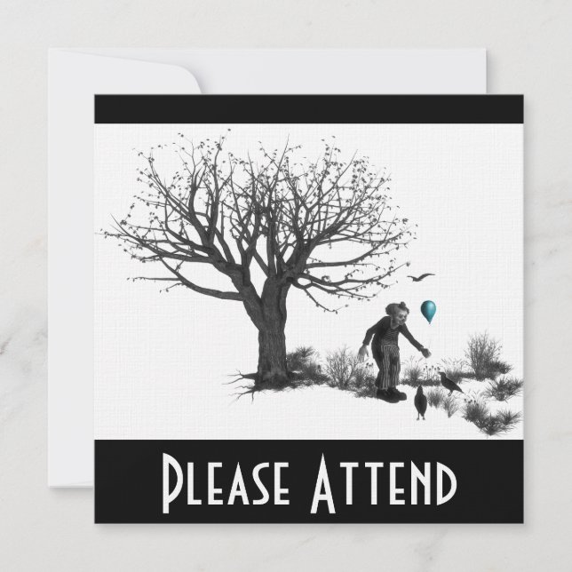 Balloon Clown Old Tree & Black Birds Turquoise Invitation (Front)