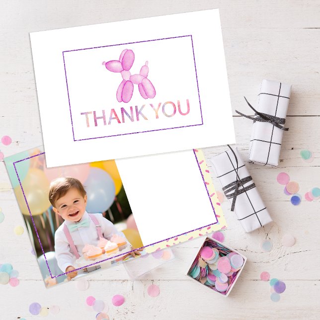Balloon Dog Kids Thank You Card (purple glitter watercolor balloon animal thank you card)
