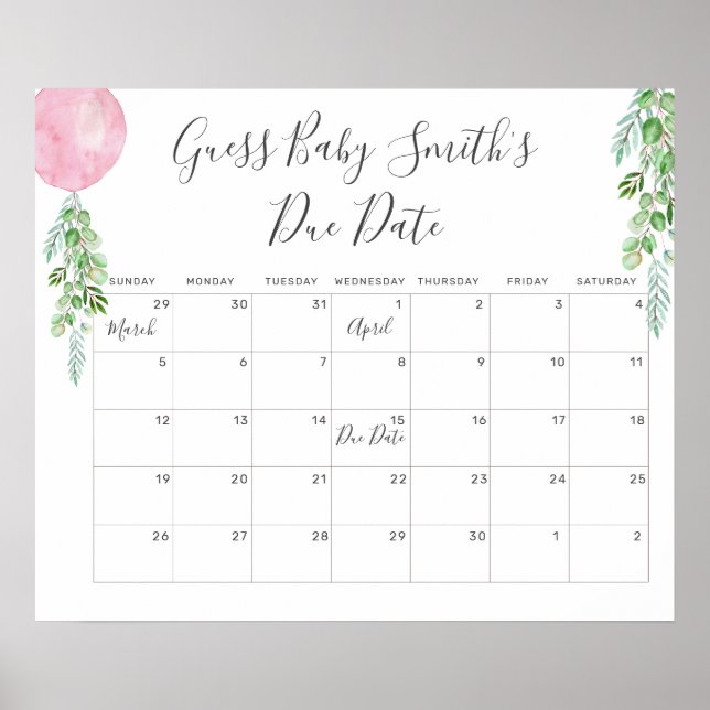  Balloon Eucalyptus Guess Baby Due Date Calendar P Poster (Front)