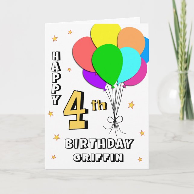 Balloon Filled Fun 4th Birthday Greeting Card (Front)