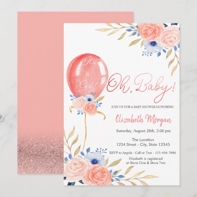 Balloon Floral Baby Shower Invitation (Front/Back)