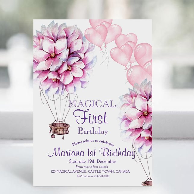  Balloon Flowers Girly 1st Birthday Kids Party Invitation (Creator Uploaded)