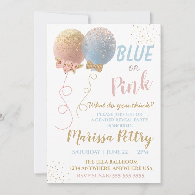 Balloon gender reveal party blue or pink invitation (Front)
