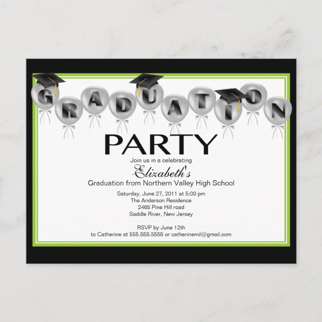 Balloon Graduation Party Invitation Black Grad Cap (Front)