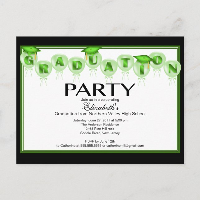 Balloon Graduation Party Invitation Green Cap (Front)