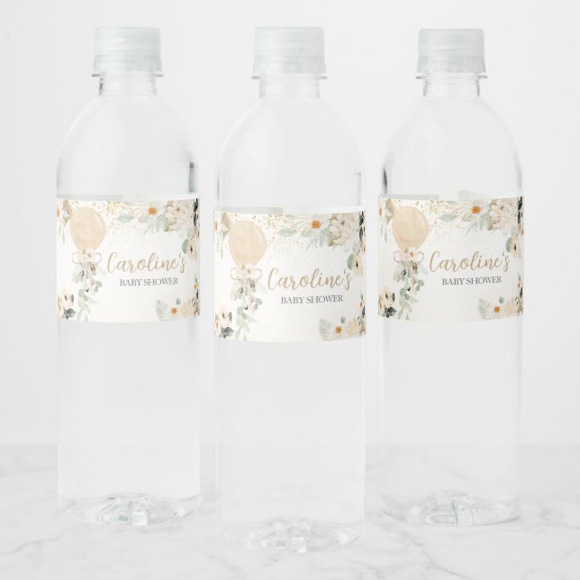 Balloon Greenery Gender Neutral Baby Shower Water Bottle Label (Bottles)