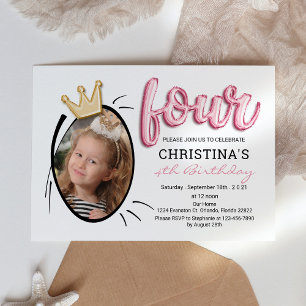Balloon Letters Modern Four Years Old Girl Photo Invitation