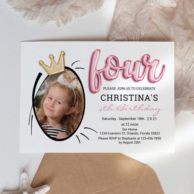 Balloon Letters | Modern Four Years Old Girl Photo Invitation (Creator Uploaded)