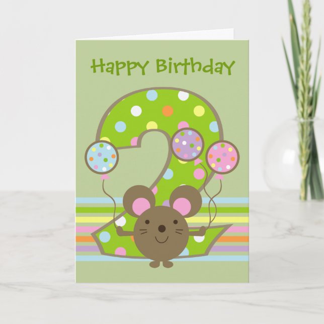 Balloon Mouse Green Happy 2nd Birthday Card (Front)