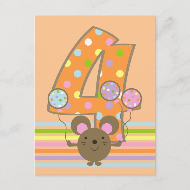 Balloon Mouse Orange 4th Birthday Postcard (Front)